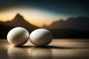 two eggs on a table with mountains in the background. AI-Generated photo