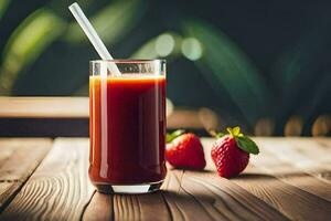 un vaso de jugo con fresas en un de madera mesa. generado por ai foto