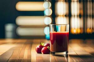 a glass of juice with strawberries on a wooden table. AI-Generated photo