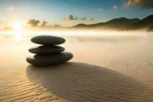 stacked stones on the beach at sunrise. AI-Generated photo