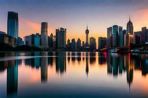 the city skyline is reflected in the water at sunset. AI-Generated photo