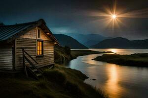 el cabina es iluminado arriba por el Luna y el agua es reflejando en el agua. generado por ai foto