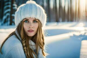 un hermosa joven mujer en un blanco sombrero y suéter. generado por ai foto