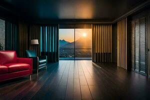 a room with a view of mountains and a sunset. AI-Generated photo