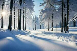 a snowy forest with trees and sun shining. AI-Generated photo