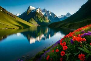 the flowers are blooming in front of a mountain lake. AI-Generated photo