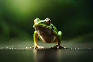 a frog is standing on a dark surface. AI-Generated photo