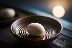 a white egg in a bowl on a wooden table. AI-Generated photo