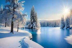 winter landscape with snow covered trees and a lake. AI-Generated photo