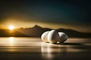 three eggs on a table with a mountain in the background. AI-Generated photo