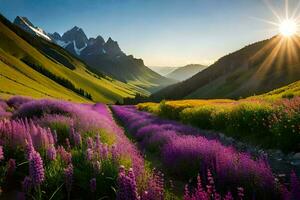 the sun shines on a field of purple flowers in the mountains. AI-Generated photo