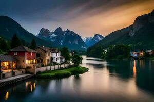 un río y casas en el montañas. generado por ai foto