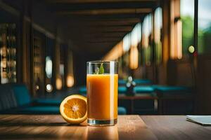 orange juice in a glass on a wooden table. AI-Generated photo