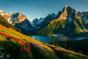 the mountains are beautiful and the flowers are beautiful. AI-Generated photo