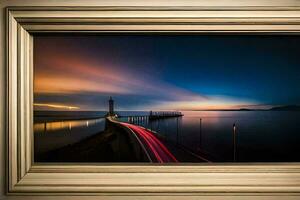 a framed photograph of a long exposure of a bridge at sunset. AI-Generated photo