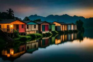 a row of colorful houses on the shore of a river. AI-Generated photo