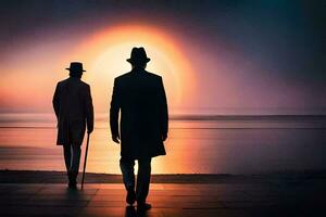 dos hombres en sombreros caminando a lo largo el playa a puesta de sol. generado por ai foto