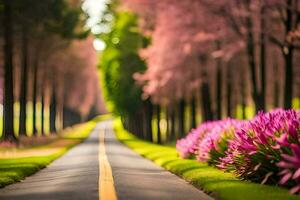 un la carretera forrado con rosado flores y arboles generado por ai foto