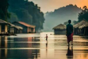 a man and child walking through a flooded river. AI-Generated photo