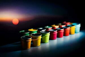 colorful plastic buckets lined up in a row. AI-Generated photo