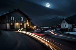 un calle con un casa y un Luna en el antecedentes. generado por ai foto