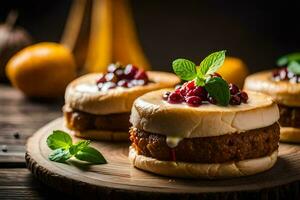 three hamburgers with pomegranate and mint on a wooden board. AI-Generated photo