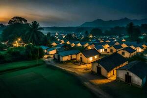 a village at dusk with lights on the roofs. AI-Generated photo
