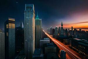 el ciudad horizonte a noche con tráfico luces. generado por ai foto