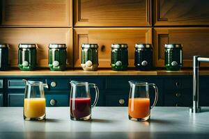 a kitchen counter with several juice bottles and a blender. AI-Generated photo
