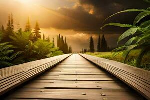 a wooden bridge leads to a forest with sun shining. AI-Generated photo