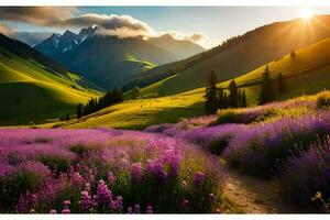 a beautiful purple field with flowers and mountains. AI-Generated photo