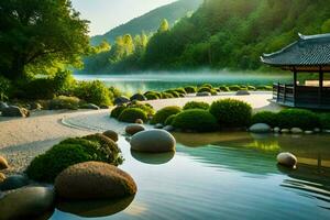 a japanese garden with rocks and water. AI-Generated photo