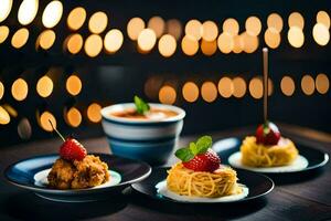 three plates with food on a table with lights in the background. AI-Generated photo