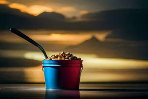 a bucket of cereal with a spoon on top. AI-Generated photo