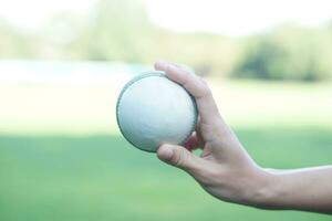 Close up bowler hand holds a white leather cricket ball. Concept, sport equipment. Competitive sport. A cricket ball is made with a core of cork, covered by a leather case. Ready to bowl to  batsman photo