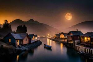 photo wallpaper the sky, water, mountains, boats, houses, moon, the sky, the. AI-Generated