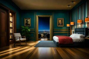 a bedroom with a bed, a chair and a lamp. AI-Generated photo