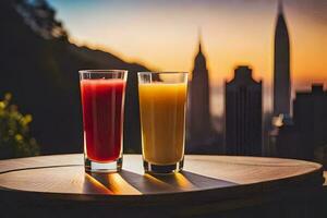 two glasses of juice on a table with a city in the background. AI-Generated photo