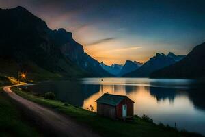 photo wallpaper the sky, mountains, road, lake, house, sunset, the road, the. AI-Generated