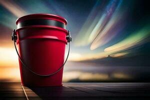 a red bucket sitting on a wooden table with a blurry background. AI-Generated photo
