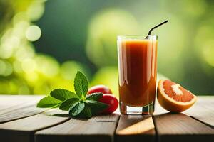 un vaso de naranja jugo con un rebanada de pomelo. generado por ai foto