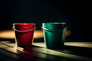 two red and green buckets sitting on a wooden table. AI-Generated photo
