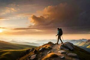 un caminante soportes en el borde de un montaña a puesta de sol. generado por ai foto