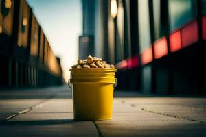 a yellow bucket filled with peanuts sits on the sidewalk. AI-Generated photo