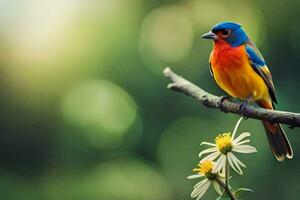 a colorful bird sits on a branch with a flower. AI-Generated photo