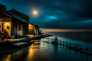 a house on the shore of the ocean at night. AI-Generated photo
