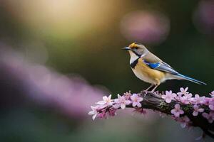 a bird perched on a branch with pink flowers. AI-Generated photo