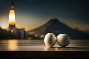 two eggs on a table with a city in the background. AI-Generated photo