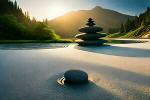 un zen jardín en el montañas. generado por ai foto