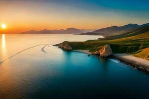the sun sets over the ocean and mountains. AI-Generated photo